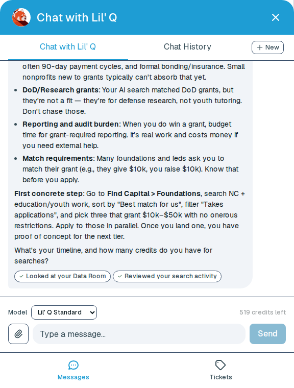 A chat answer from Lil' Q listing risks: payment cycles and bonding a small nonprofit cannot absorb, defense research grants that are not a fit with the advice not to chase them, reporting and audit burden, and match requirements. It ends with a concrete first step and shows which sources it consulted.