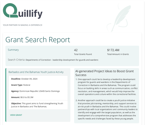 Quillify AI-Powered Grant Search Report Sample